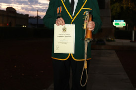 Dawn service bugler Ross McIlveen was recognised for his dedication to Camperdown’s Anzac Day service at this year’s dawn service.