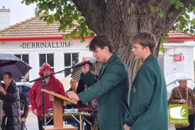 Derrinallum P-12 College students Jake Burleigh and Jackson Lyddy spoke about their upcoming walk along the Kokoda Track at Derrinallum’s service.