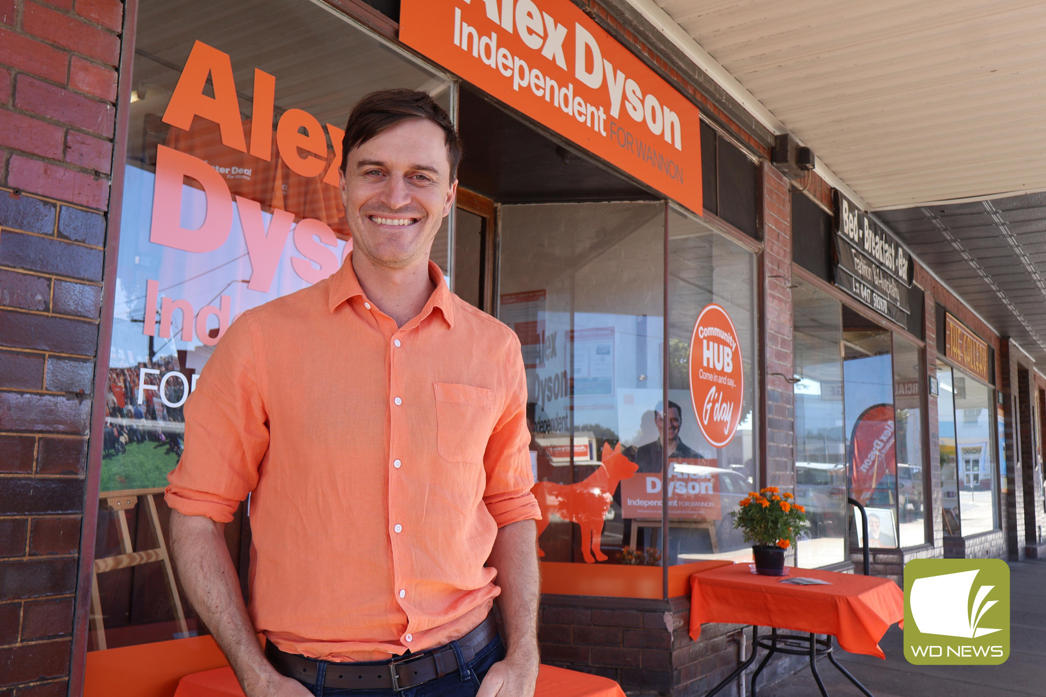 On the campaign trail: Independent candidate for Wannon Alex Dyson said the launch of his new community hub in Terang would help him better understand the wants of the community from a region which feels increasingly disillusioned with major parties.