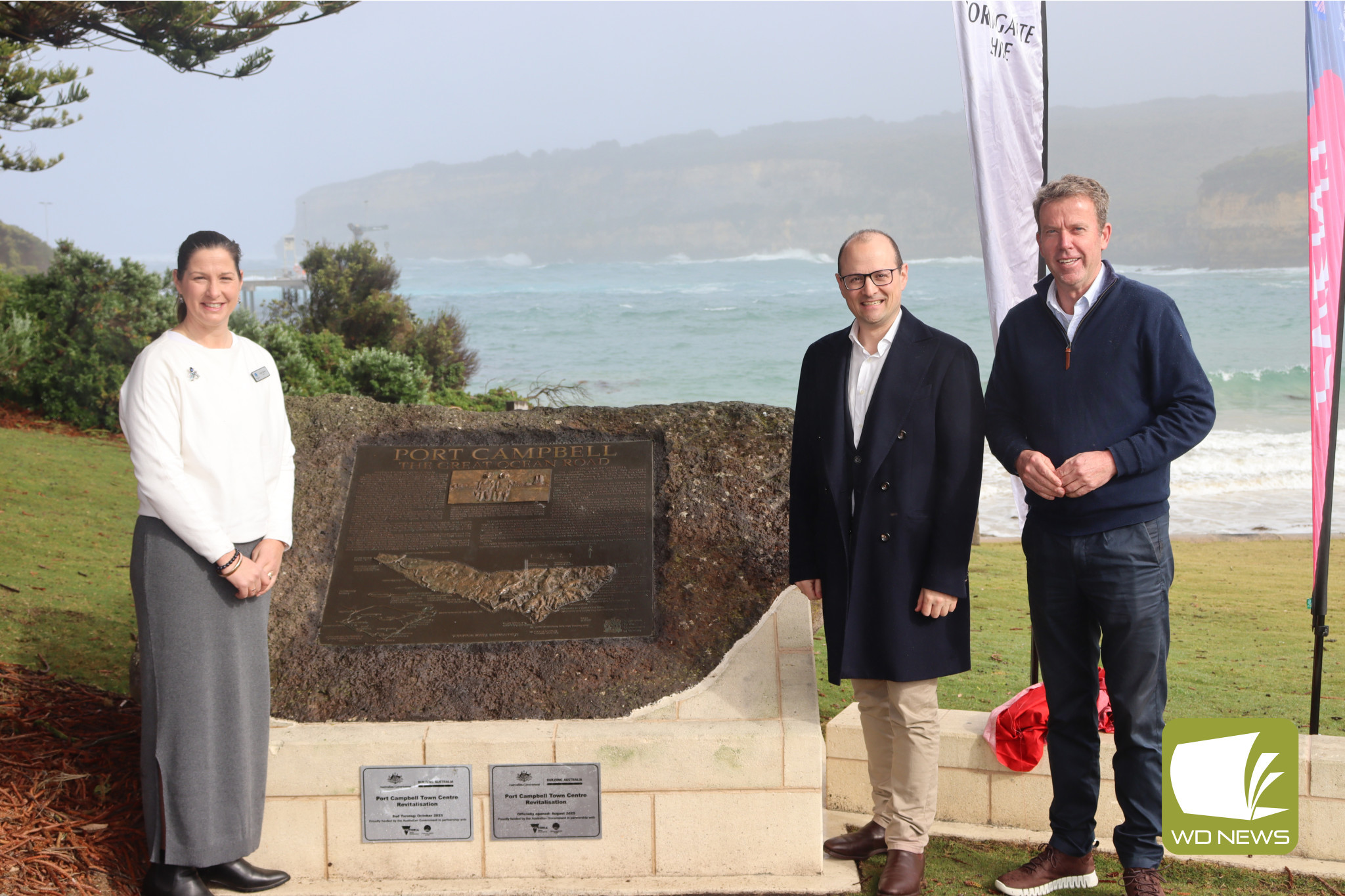 Official opening: Corangamite Shire mayor councillor Kate Makin, senator Raff Ciccone and Federal Member for Wannon Dan Tehan officially unveiled the Port Campbell Town Centre Revitalisation Project last Friday.