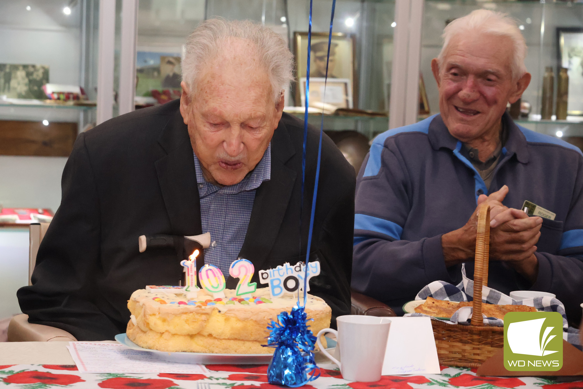 Celebration: Len Pomeroy, pictured with fellow Terang Returned and Services League sub-branch member Roger Primmer, was elated to be surrounded by friends and family on his birthday.