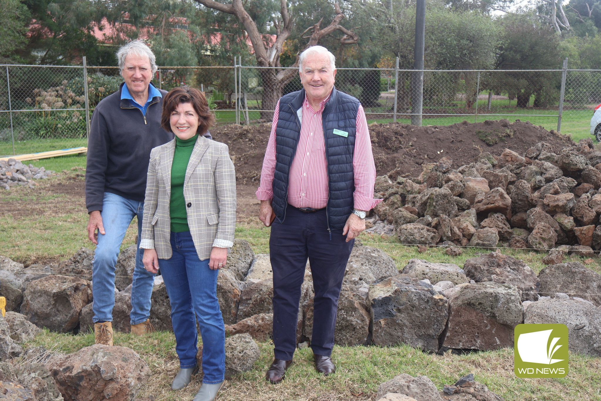 Under construction: David Long, Cr Geraldine Conheady and Des McKinnon are pleased to see works begin on the new signage being installed to welcome travellers to Terang.