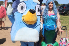 A special visitor: Bluey made a special appearance at the Camperdown Show, alongside her mermaid friend.