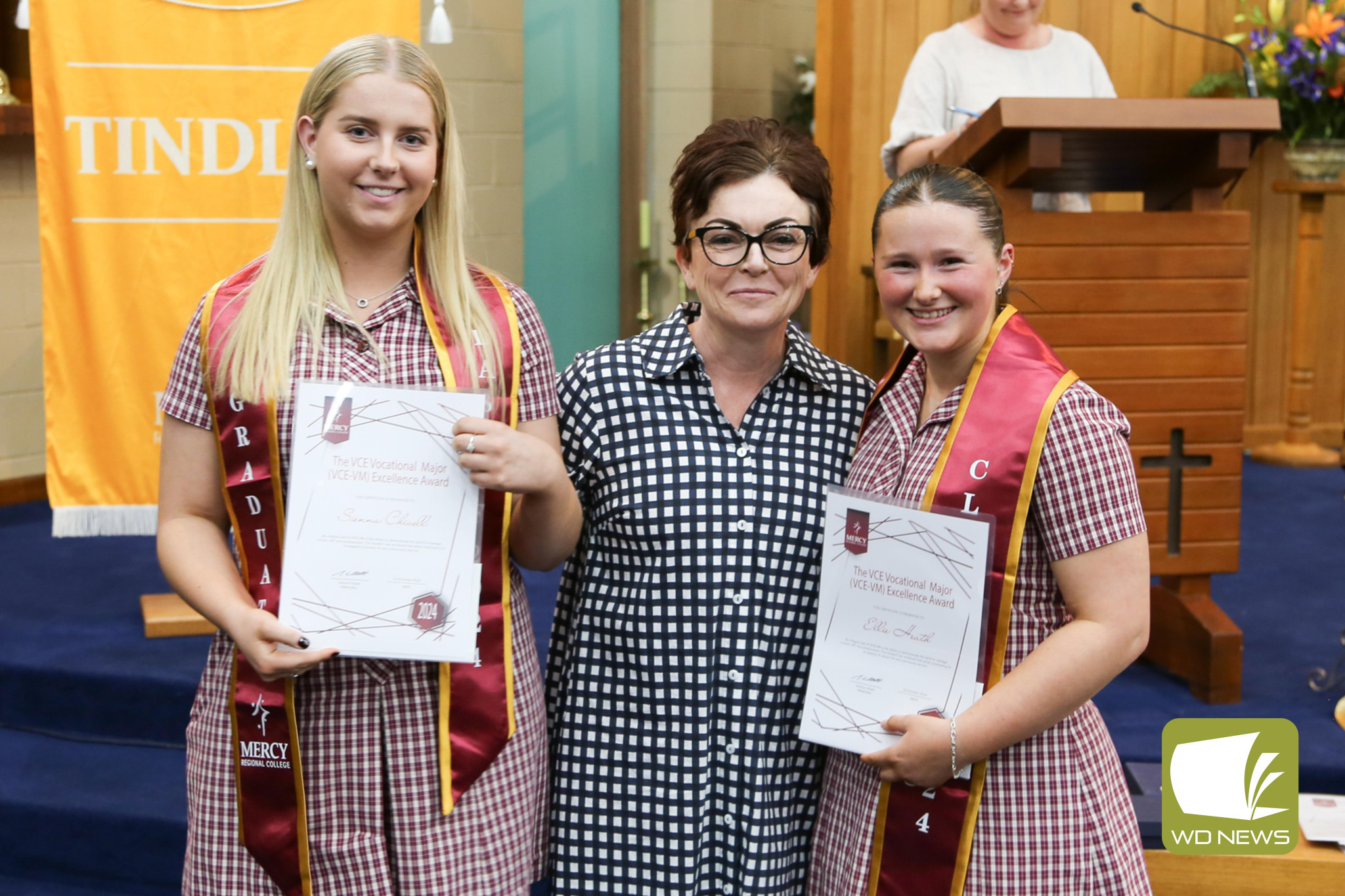 Mercy Regional College students Sienna Chivell and Ellie Heath (pictured with senior school learning leader Melanie Kavanagh) received the VCE-VM Excellence Award.