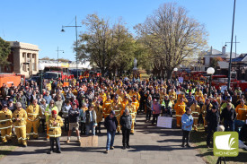 A large crowd gathered in protest at the base of the Camperdown Clocktower.