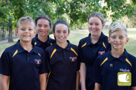Harry Kuhl (from left), Charlotte Couch, Elise Nicholls, Isla Davis and Lukas Hrebenyak together from Timboon P-12 junior school.