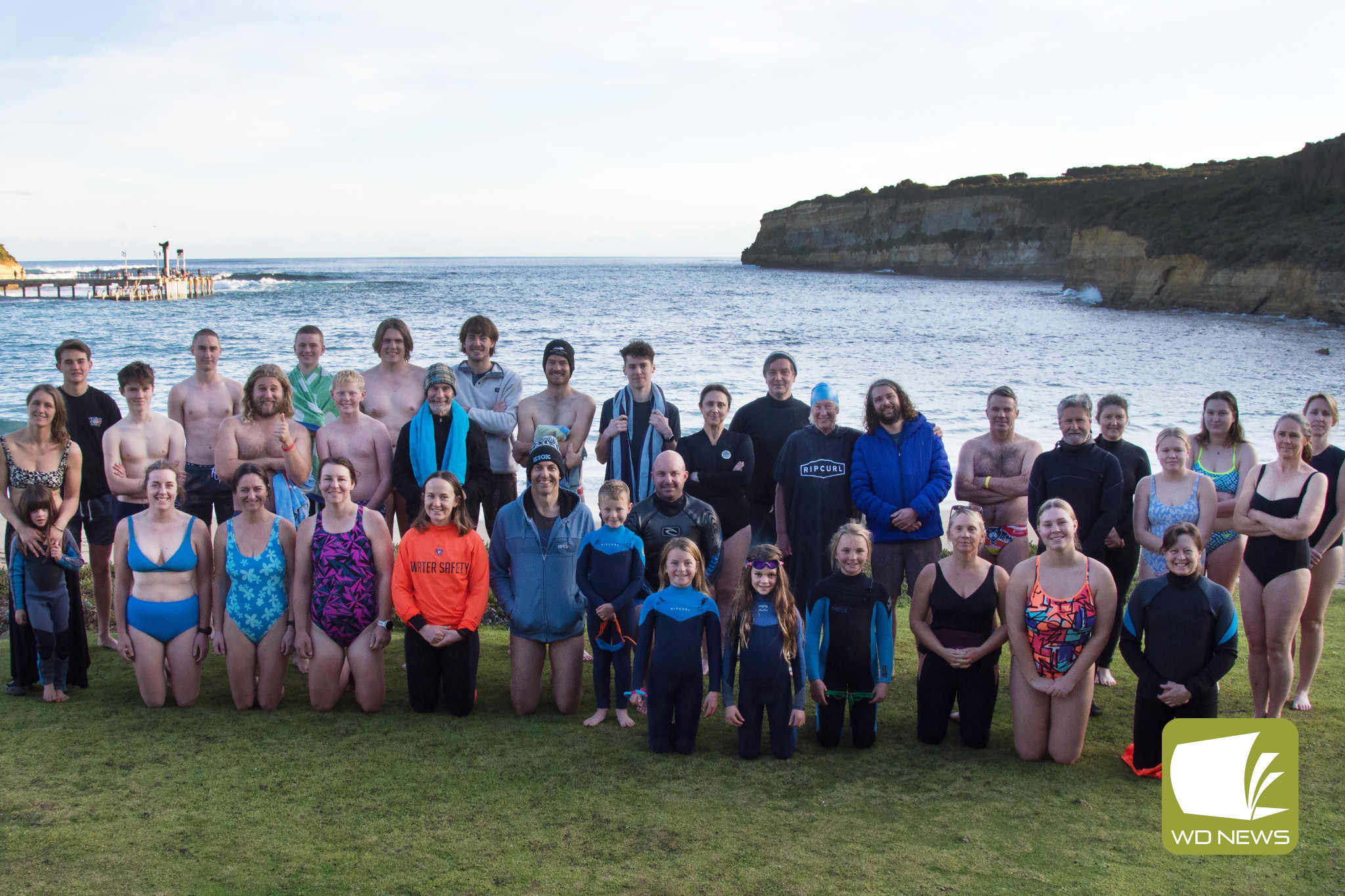 Brrr: About 45 hardy Port Campbell locals made the swim from the jetty to beach to mark the winter solstice this year. Photo courtesy of Raelene Wicks