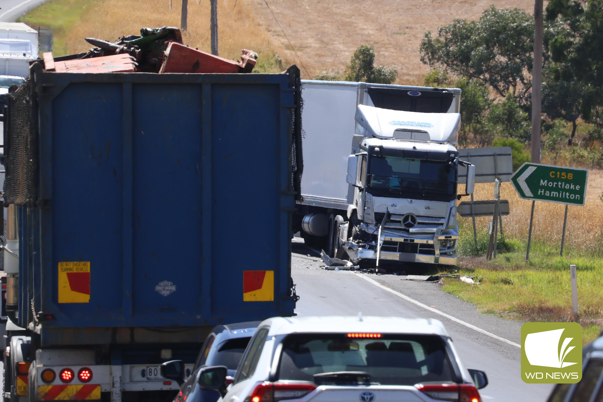 Caution: A Mercedes-Benz truck sustained significant damage after it impacted the rear of a stationary vehicle turning on to Mackinnons Bridge Road last Friday.