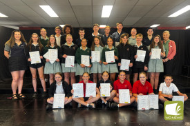 Mortlake College welcomed its school leaders, pictured with principal Linda Mooseek (right) and guest speaker/alumni Shona Makepeace (left).
