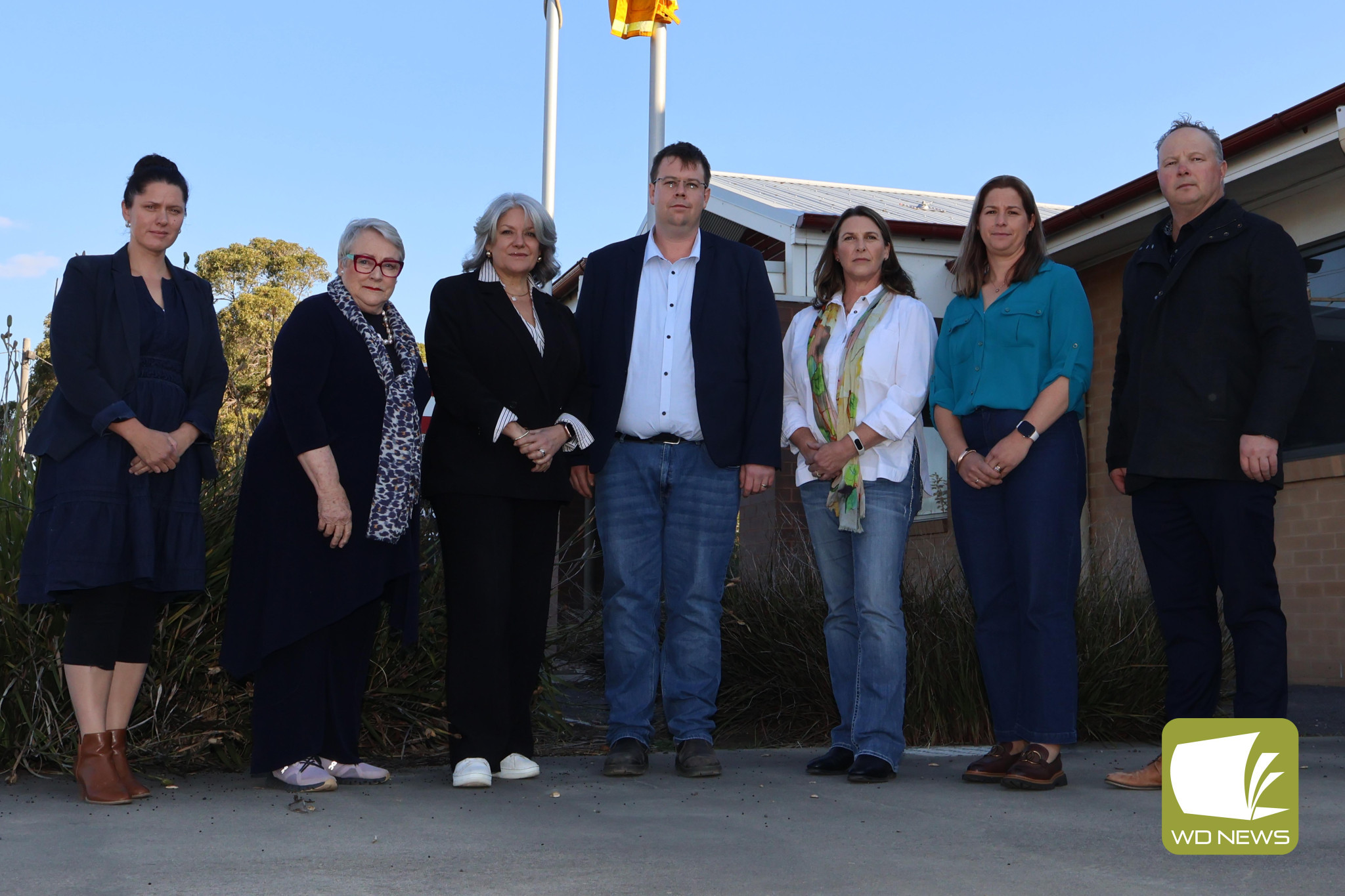 Defiant: Local mayors gathered in Mortlake last Wednesday to urge the State Government to scrap the wildly unpopular Emergency Services and Volunteers Fund levy. Pictured is (from left) Pyrenees Shire mayor Tanya Kehoe, Western Victoria MP Bev McArthur, Moyne Shire mayor Karen Foster, Warrnambool City Council mayor Ben Blain, Ararat Rural City Council mayor Jo Armstrong, Corangamite Shire Council mayor Kate Makin and Colac Otway Shire mayor Jason Schram.