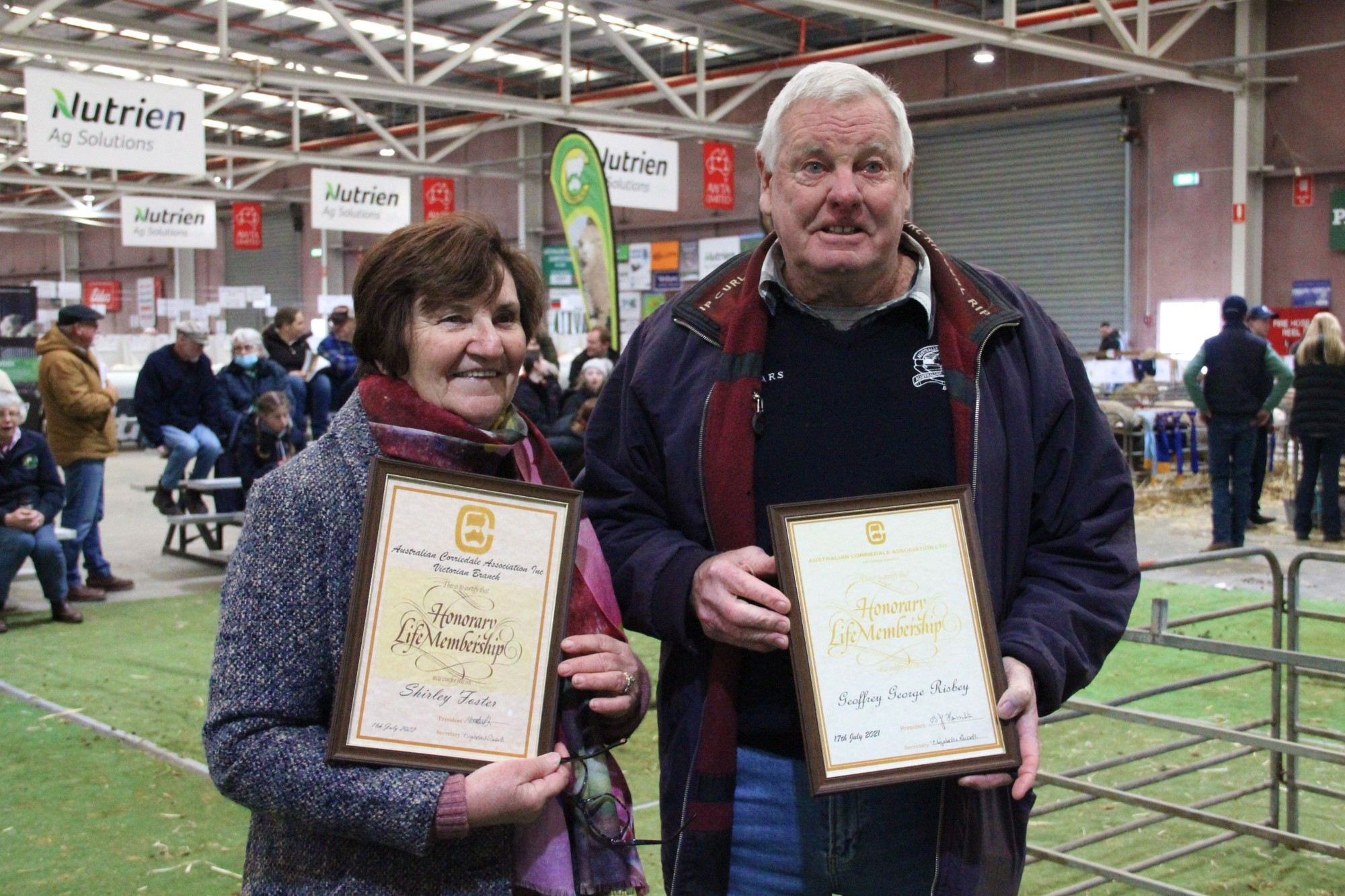 Well deserved: Darlington’s Geoff Risbey, pictured with fellow-recipient Shirley Foster, recently received an honorary life membership of the Victorian Corriedale Association.