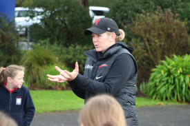 Melbourne Renegades all-rounder Rhiann O’Donnell gave Terang College students some catching tips. 