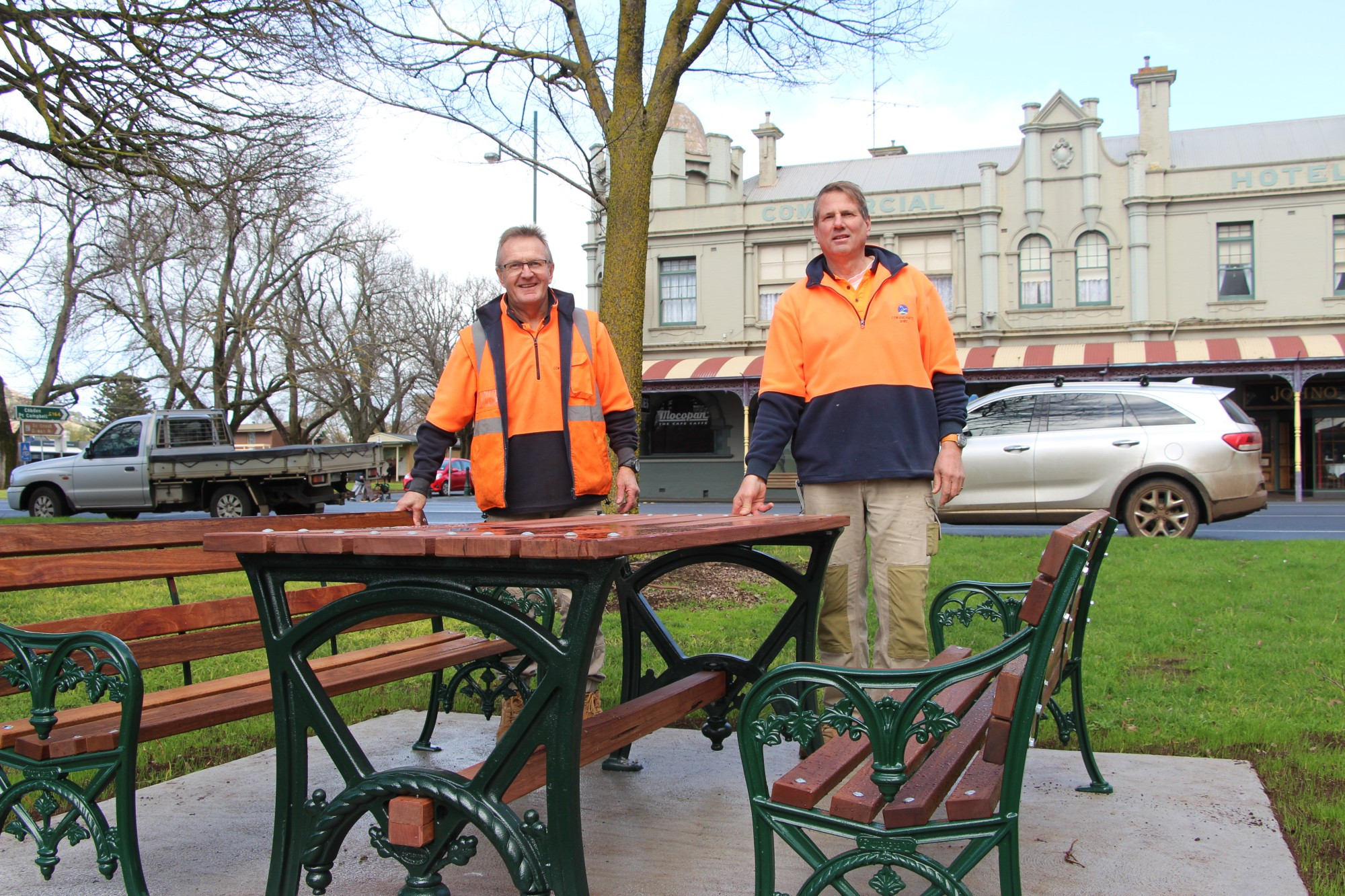 New installation: Shire contractors Don Dowell and Jeff Maynard help install new tables in Camperdown.