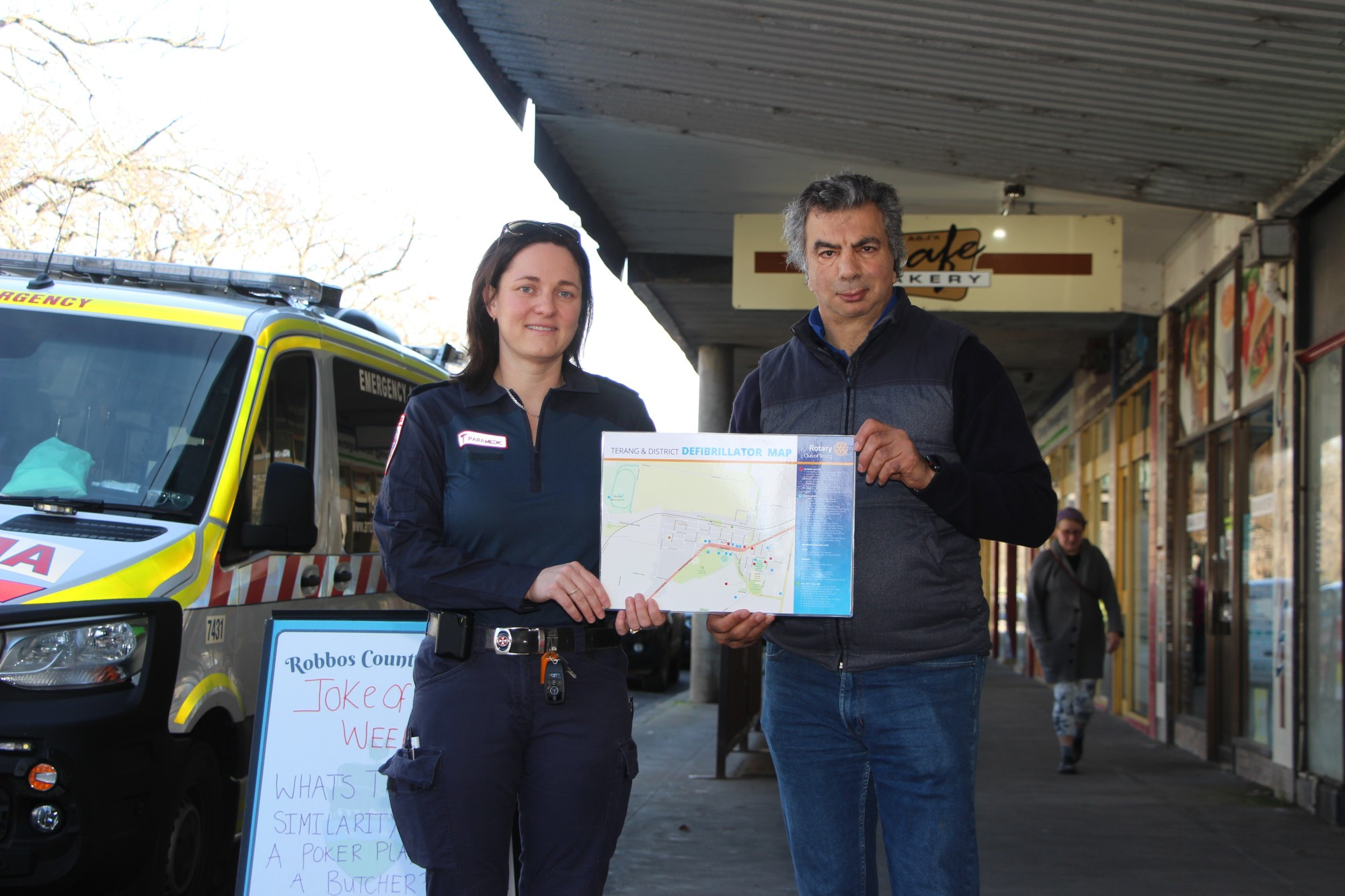 Heart smart: Terang ambulance paramedic Melissa Primrose joined Rotary Club of Terang president Wayne Reicha as he began distributing maps highlighting the locations of AEDs in Terang and Noorat.