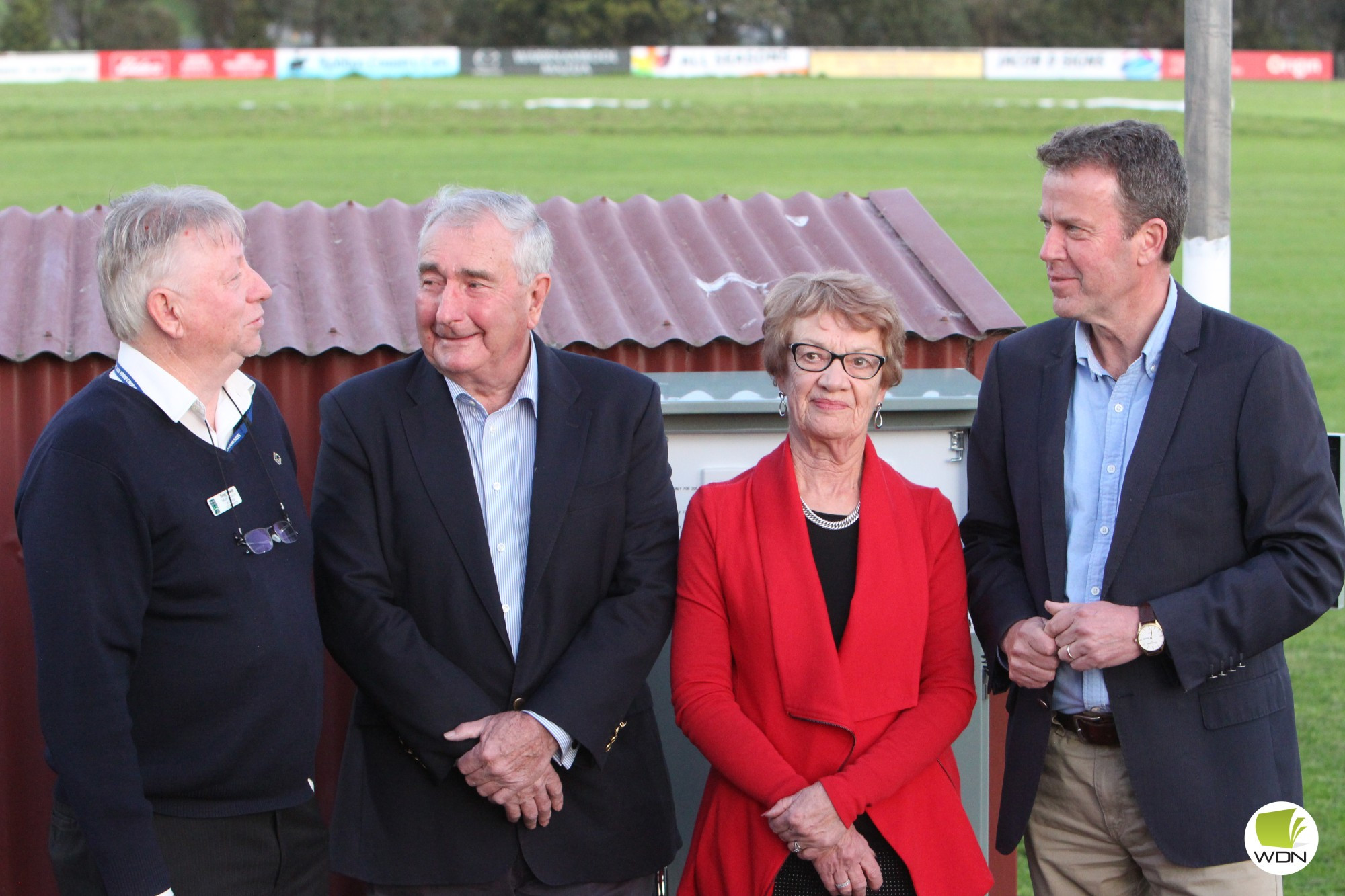 Lights on: Mortlake Rec Reserve Committee member Greg Howat (from left), Moyne Shire mayor Ian Smith, Mortlake Rec Reserve Committee administrator Dianne Murphy and Member for Wannon Dan Tehan.