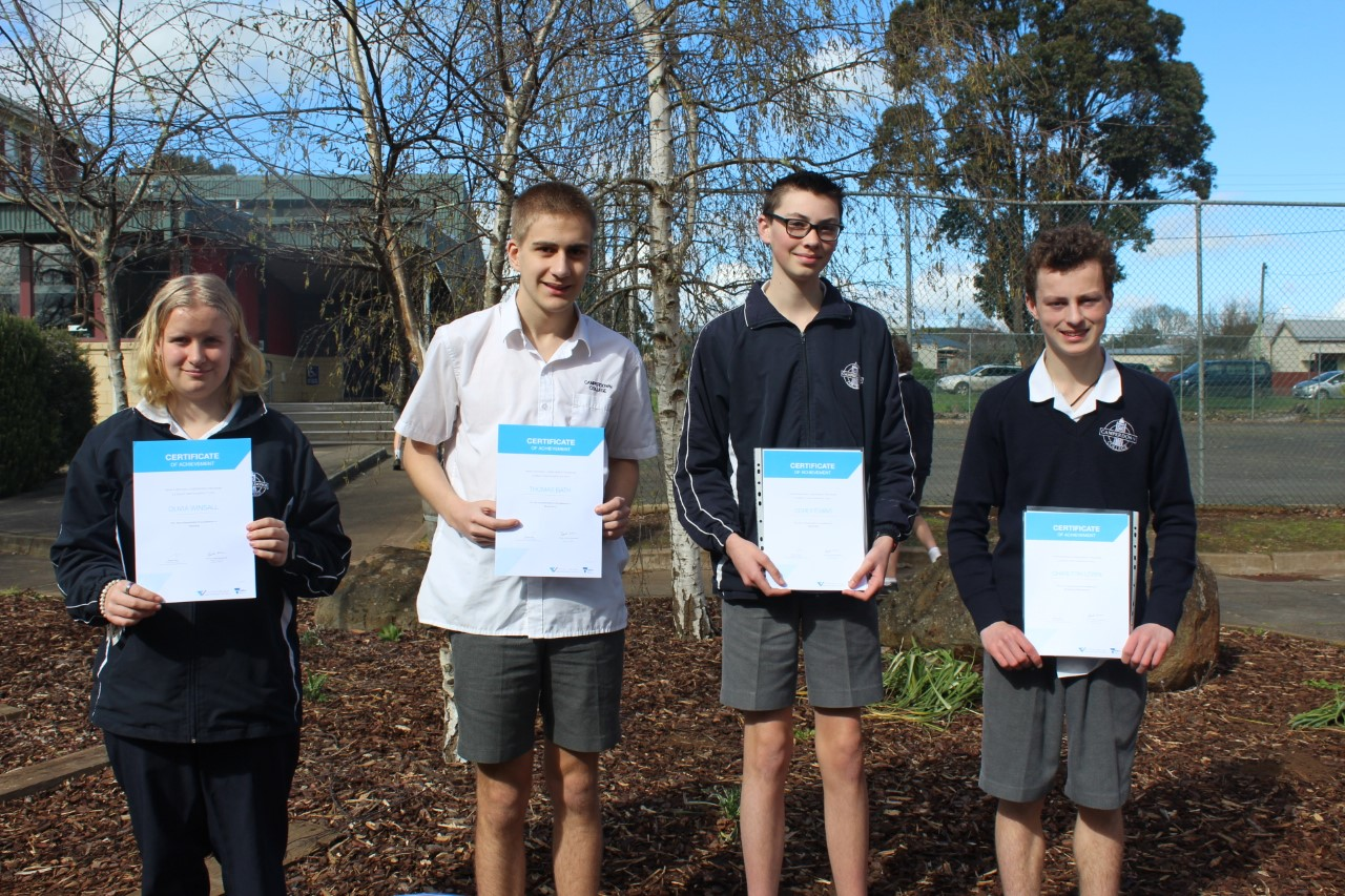 Congratulations: Camperdown College students Olivia Winsall, Thomas Bath, Corey Evans, Charlton Lewin (Callani Winsall absent) were acknowledged for their NAPLAN results.