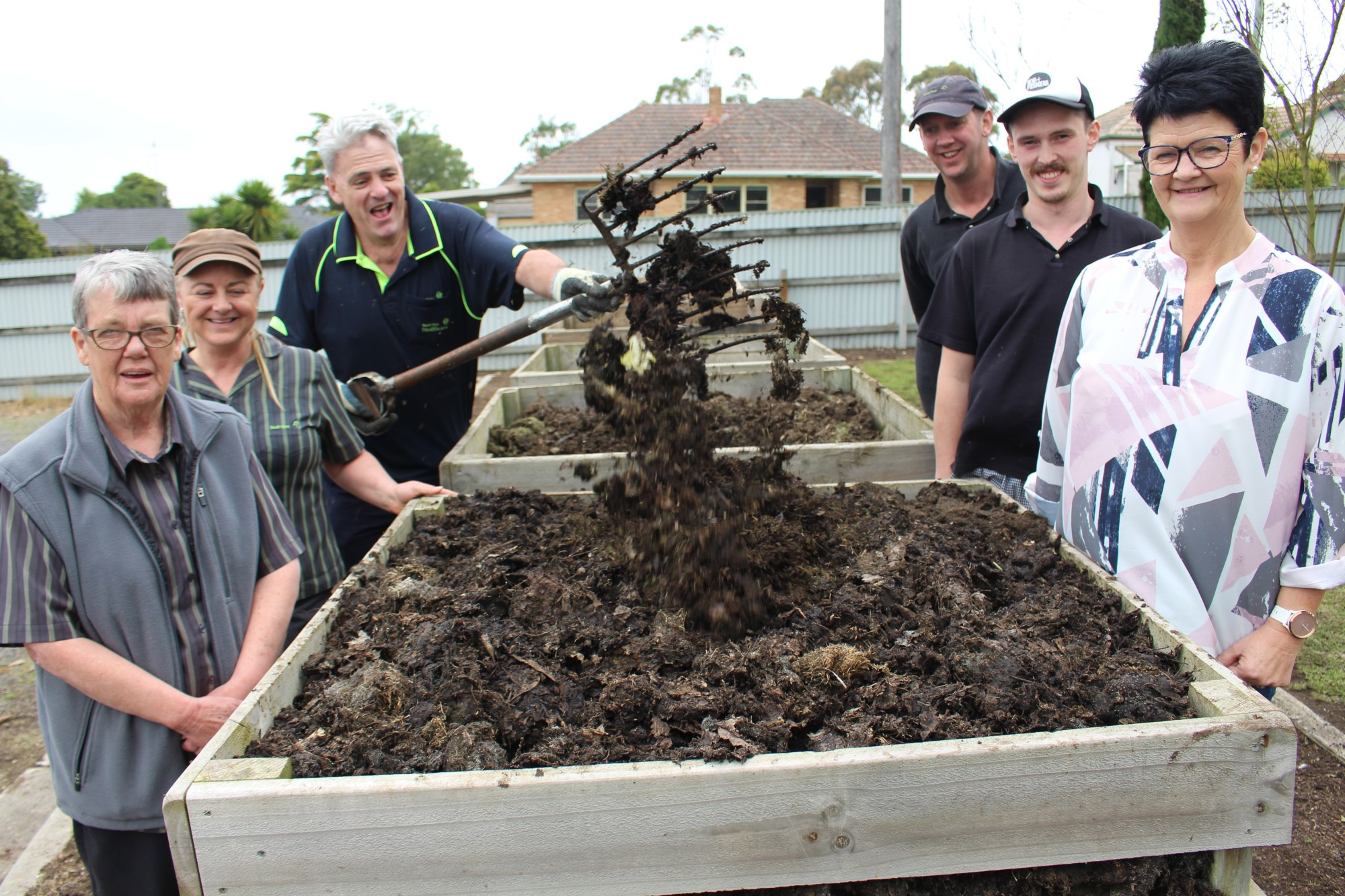 Efforts to reduce waste have paid off for Camperdown hospital staff, with recycling now the major focus. Pictured from left with the facility’s compost initiative are Jill Hassett, Andrea Burkett, Kelvin Fitzgerald, James King, Eddie Shanahan and Jo Place.