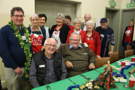 Uniting Church reverend Frank Tuppin and volunteers with Corangamite Shire councillor Wayne Oakes and mayor Neil Trotter.