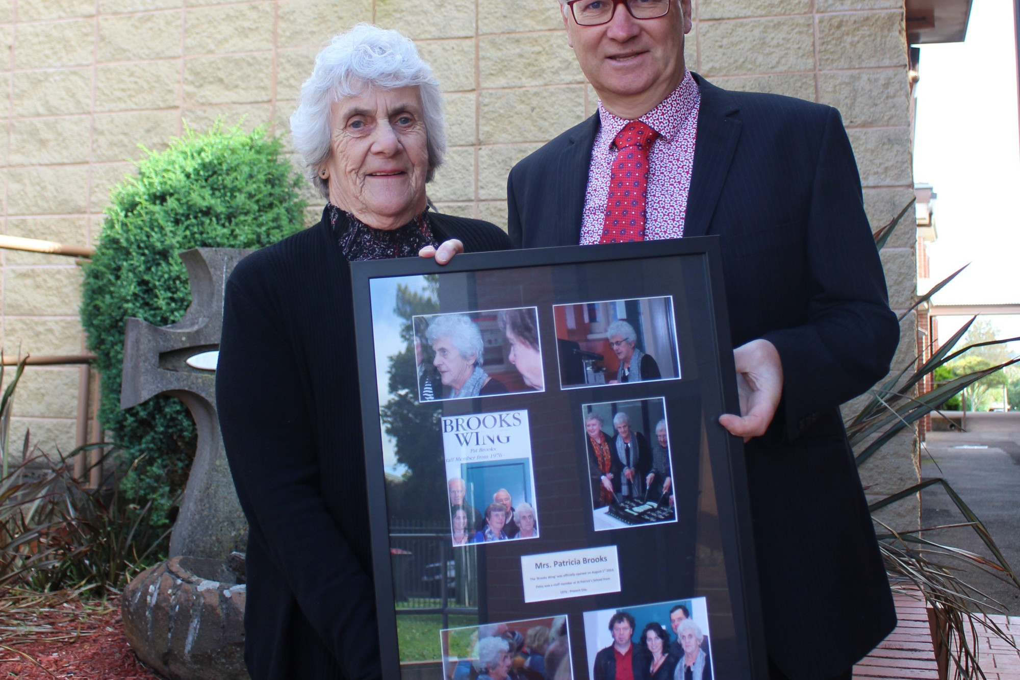St Patrick’s Primary School principal Michael McKenzie congratulates Pat Brooks on notching up 50 years of teaching service and wishes her well in retirement.