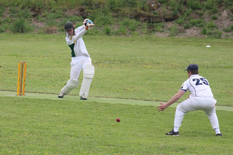 Bookaar’s Zach Sinnott plays a cover drive in his side’s seven wicket win over Heytesbury Rebels on Saturday.