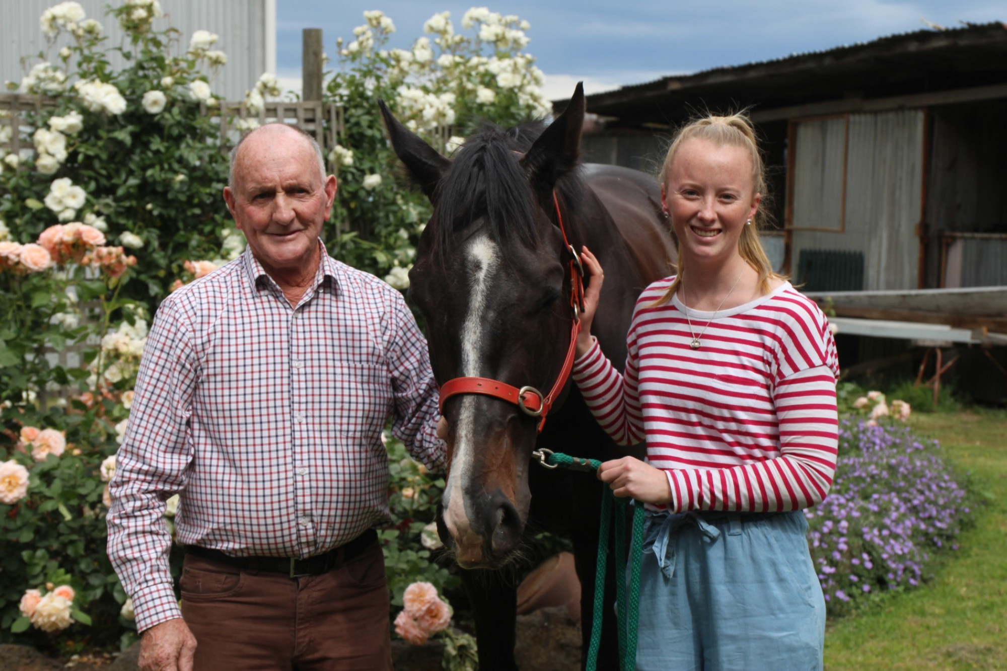 Veteran trainer Denis Daffy (left) and his trusty offsider Harriet Place with their new stable acquisition Fabian’s Spirit.