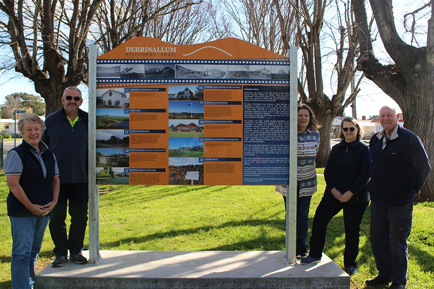 Corangamite Shire councillor Lesley Brown (left) and Derrinallum Progress Association members Larry Howard, Cathy Berens, Janine Davis and Gordon Fisher are thrilled with Derrinallum’s newly installed Discovery Trail signs.