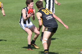 Magpie Luke Bone gathers the ball against Portland last weekend.