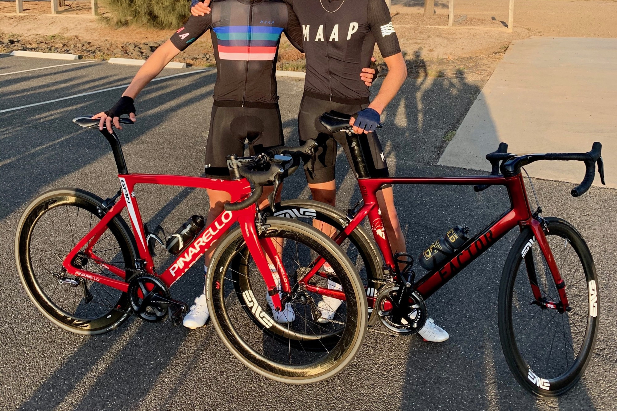 Race winner Bailey McDonald (left) and runner-up Clayton Hutchins following Tuesday’s criterium.