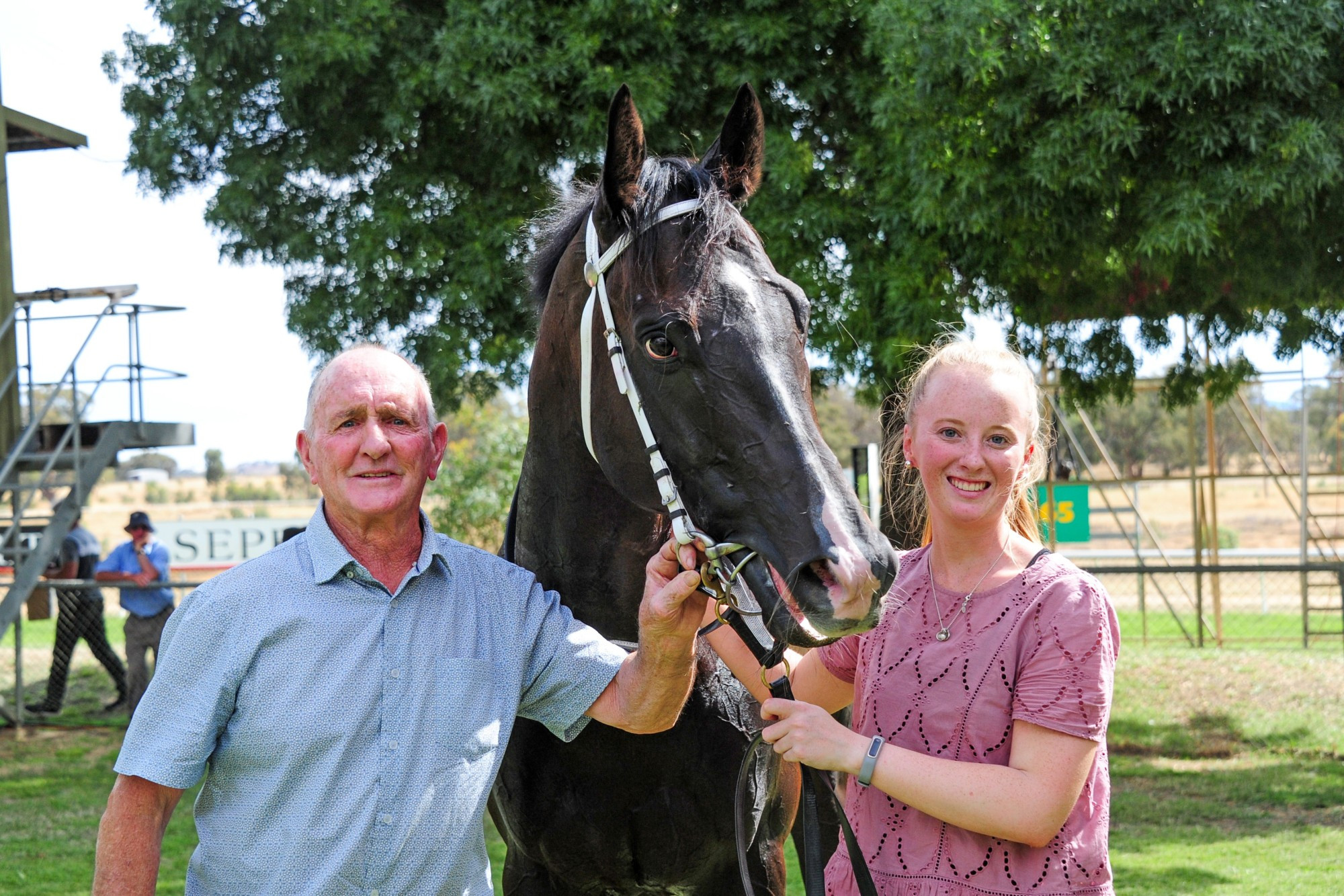 Trainer Denis Daffy and granddaughter Harriet Place pictured with Fabian’s Spirit following Sunday’s win. Photo courtesy Brendan McCarthy/Racing Photos