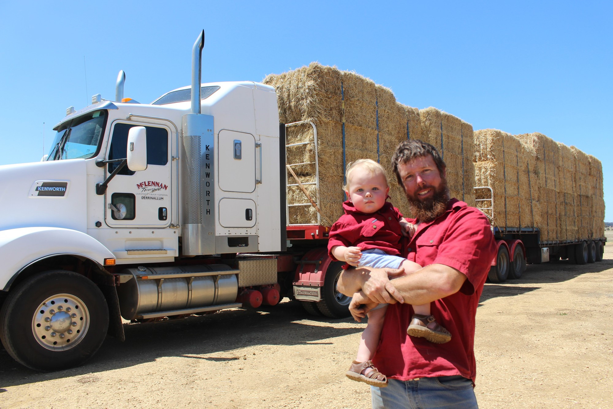 Derrinallum resident Luke McLennan, pictured with his son Archie, will lead a hay convoy to Gippsland this Sunday thanks to the generosity of district farmers.