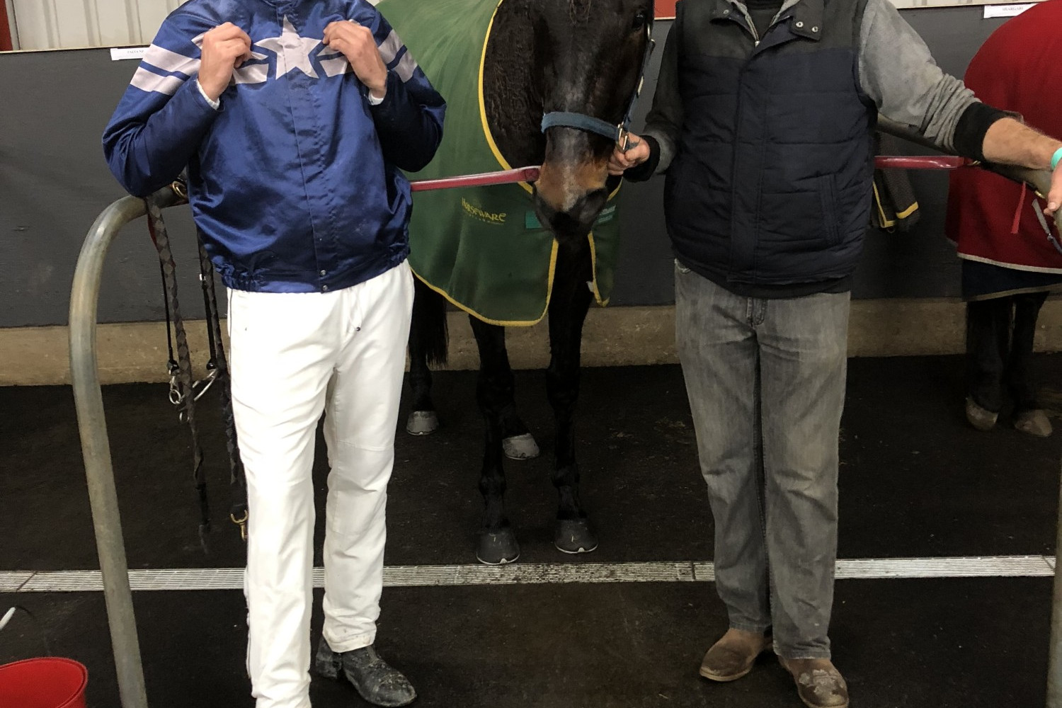 Xavier O’Connor (left) and Bruce McSween with Gotta Smudge following the three year-olds victory in the Reflect Events Maiden Pace at Ballarat on Tuesday.