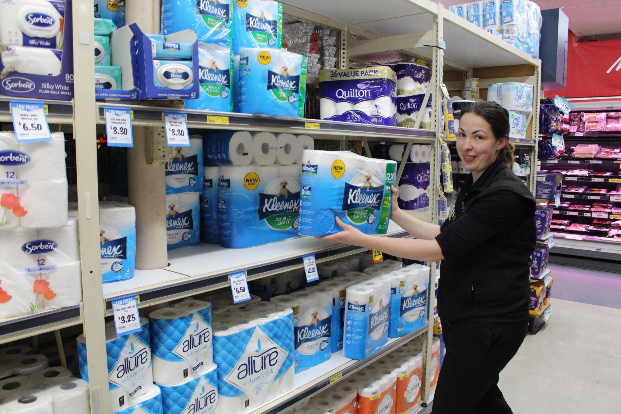 Ritchies IGA Camperdown store manager Ebony Marshall refilled the toilet paper shelves several times on Wednesday, when shoppers bought the product by the trolley load under the misconception stock would run out due to the coronavirus.