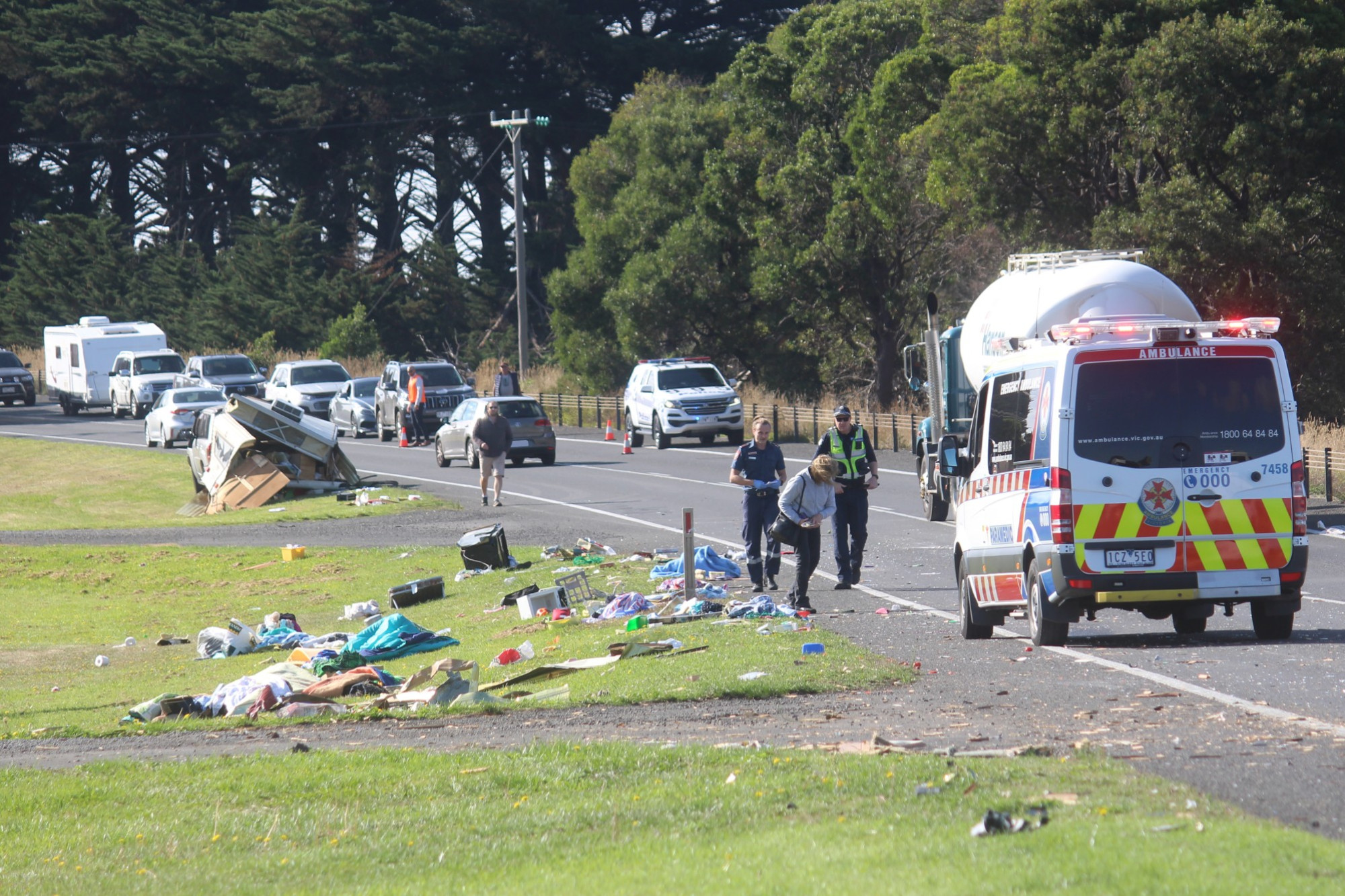 A Melbourne couple had their holiday cut short on the outskirts of Camperdown when their caravan was completely destroyed on the Princes Highway.