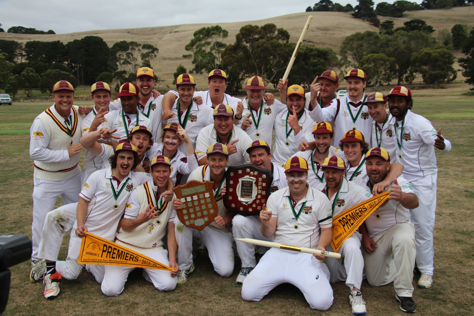 Pomborneit’s division one and division three teams celebrate their respective South West Cricket premierships as a club.