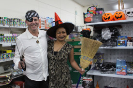 Peter McArther and April Monteron enjoy some Friday the 13th fun. 