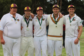 Cousins in arms (l-r) Tim Place, Clinton Place, Brad Hillman, Grant Place and Tom Place rejoice in the glory of back-to-back division one premierships. 