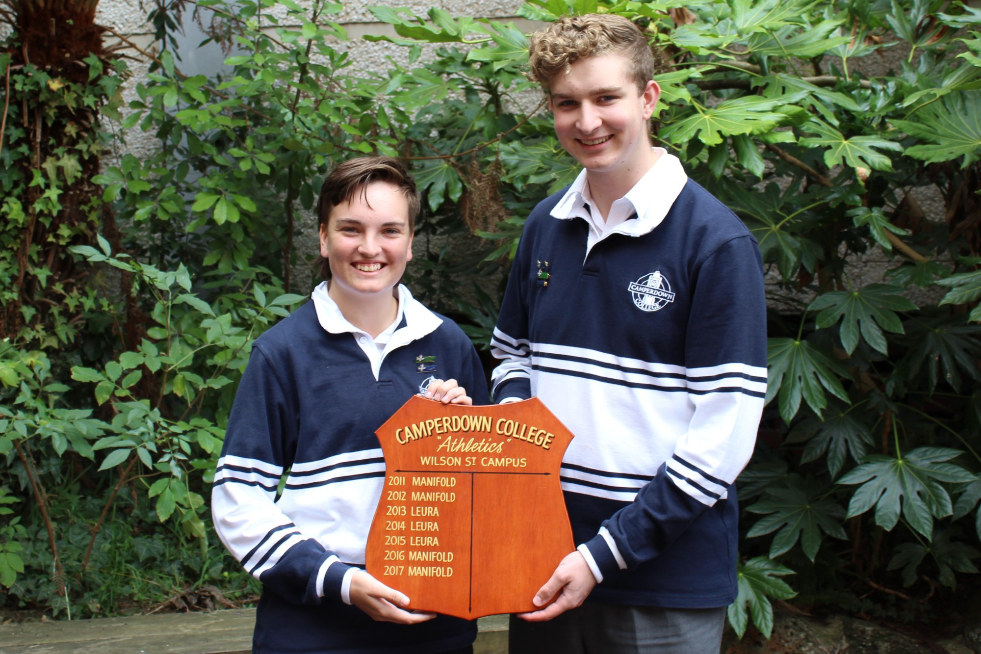 Manifold house captains Meg Pickles and Lachie Bennett received the shield for their house’s win in last week’s Camperdown College senior campus athletics.