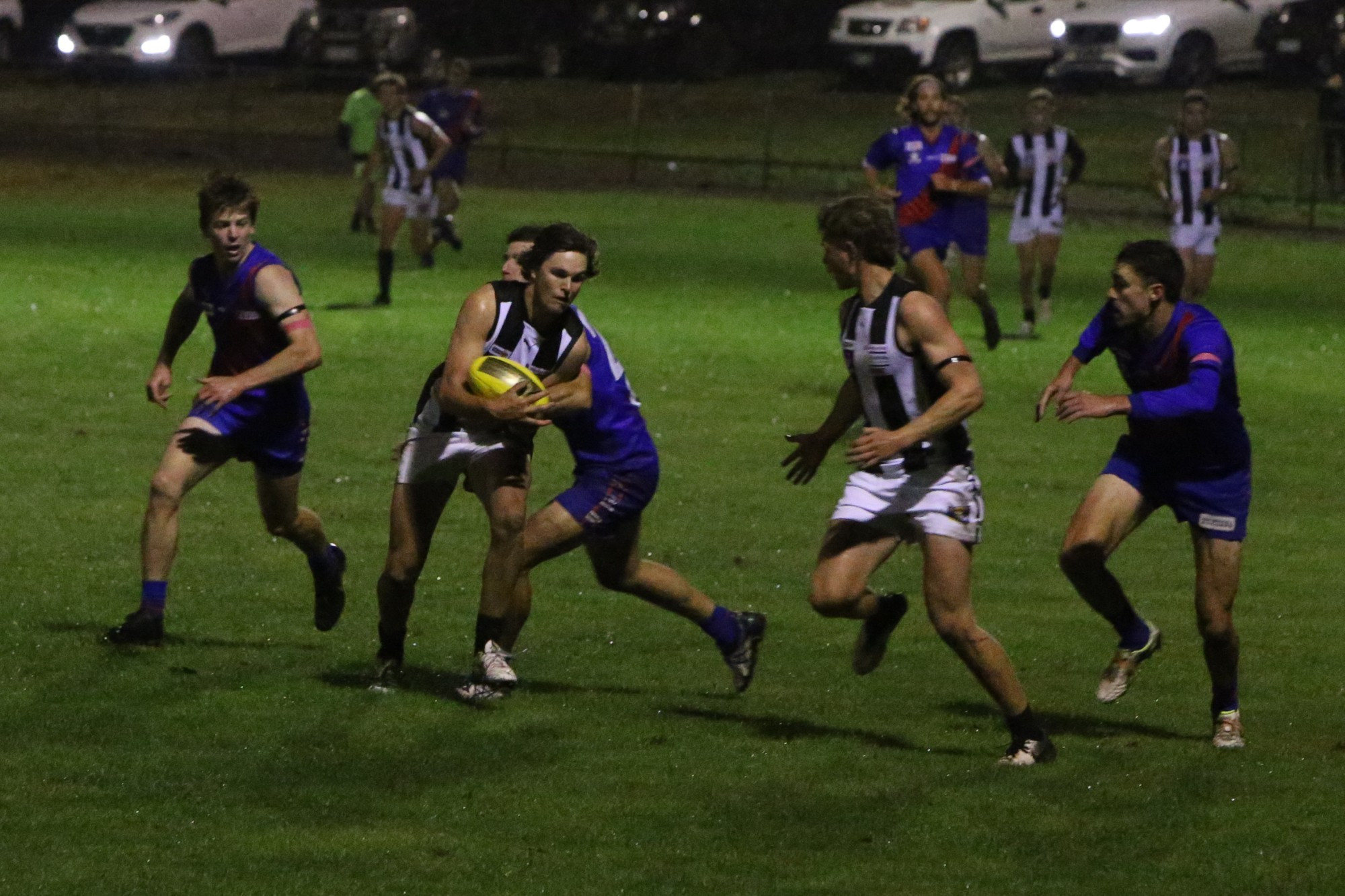 Smooth mover: Camperdown forward Isaac Stephen (left) breaks a tackle as Riley Arnold calls for a handball in the Magpies 19 point win over Terang Mortlake last Saturday.