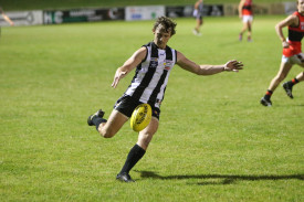 Important: Midfielder Cam Spence moves the ball forward during Camperdown’s victory. 