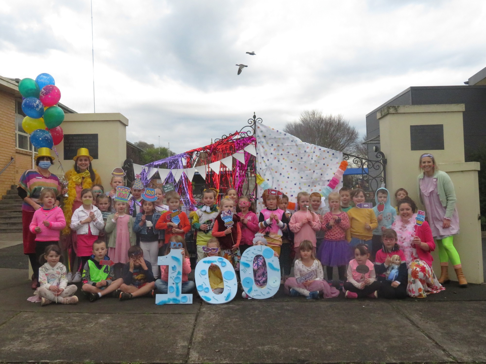 Camperdown College Prep teacher Kathryn Edwards with student Sailor Hargreaves during the school’s 100 days of school celebration last Friday.
