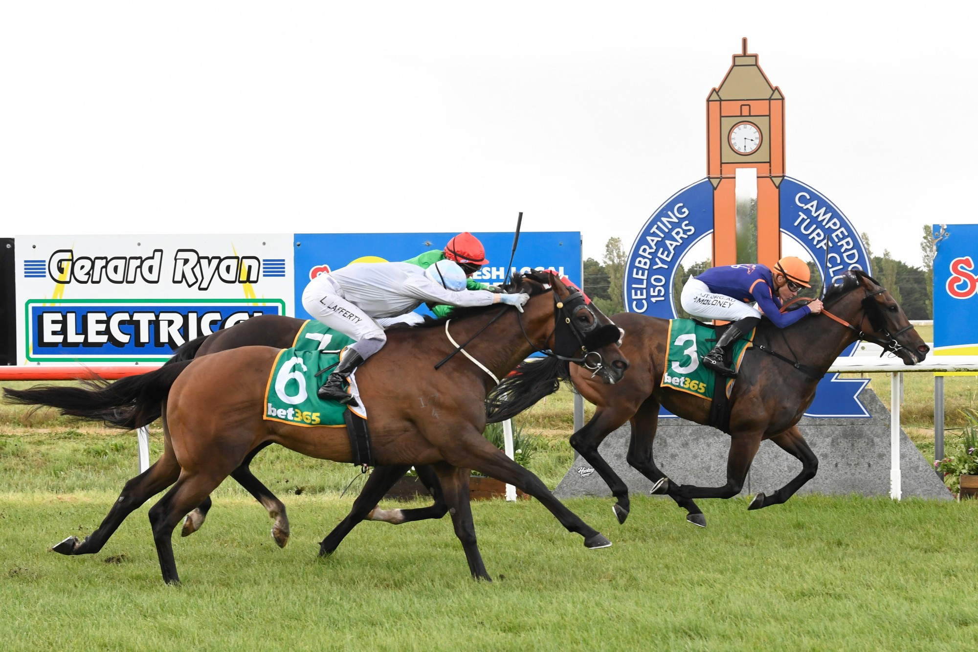 Too good: Declares War and Patrick Moloney were too strong for a fast finishing Reserve Street (white silks) and Fabian’s Spirit in last Saturday’s $45,000 Sungold Milk Camperdown Cup. Picture supplied by Reg Ryan/Racing Photos
