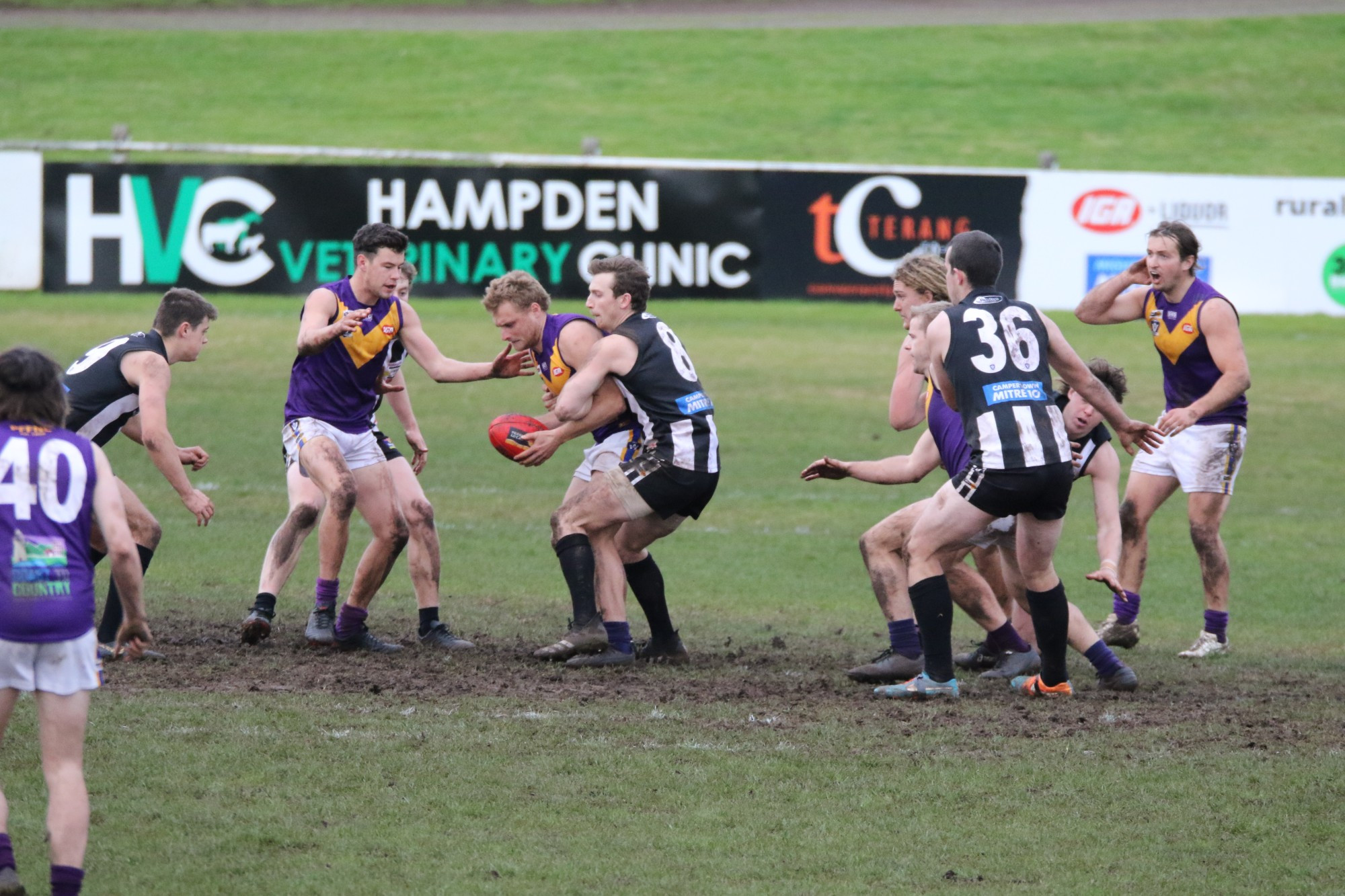 Wrapped up: Camperdown’s Cameron Spence lays a tackle on Port Fairy’s Andy McMeel in the Magpies 59 point win at Leura Oval last Saturday.