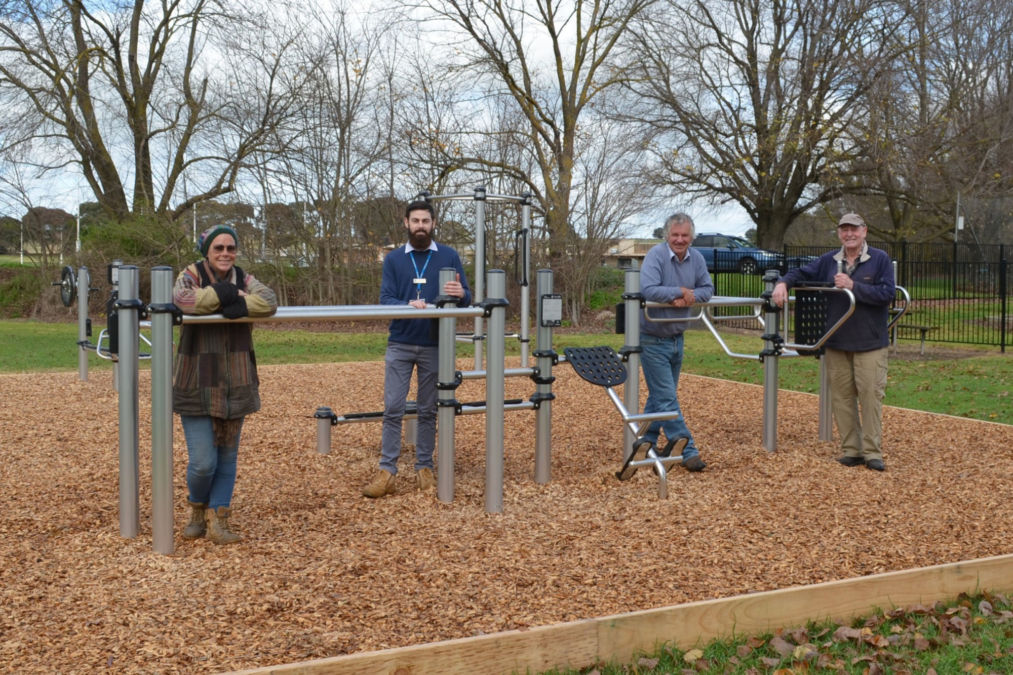 Derrinallum Progress Association member Carrie Miller, council infrastructure projects officer Dean Finlayson, North Ward councillor Nick Cole and Derrinallum Progress Association vice-president Gordon Fisher check out the new exercise equipment at the Derrinallum Recreation Reserve.