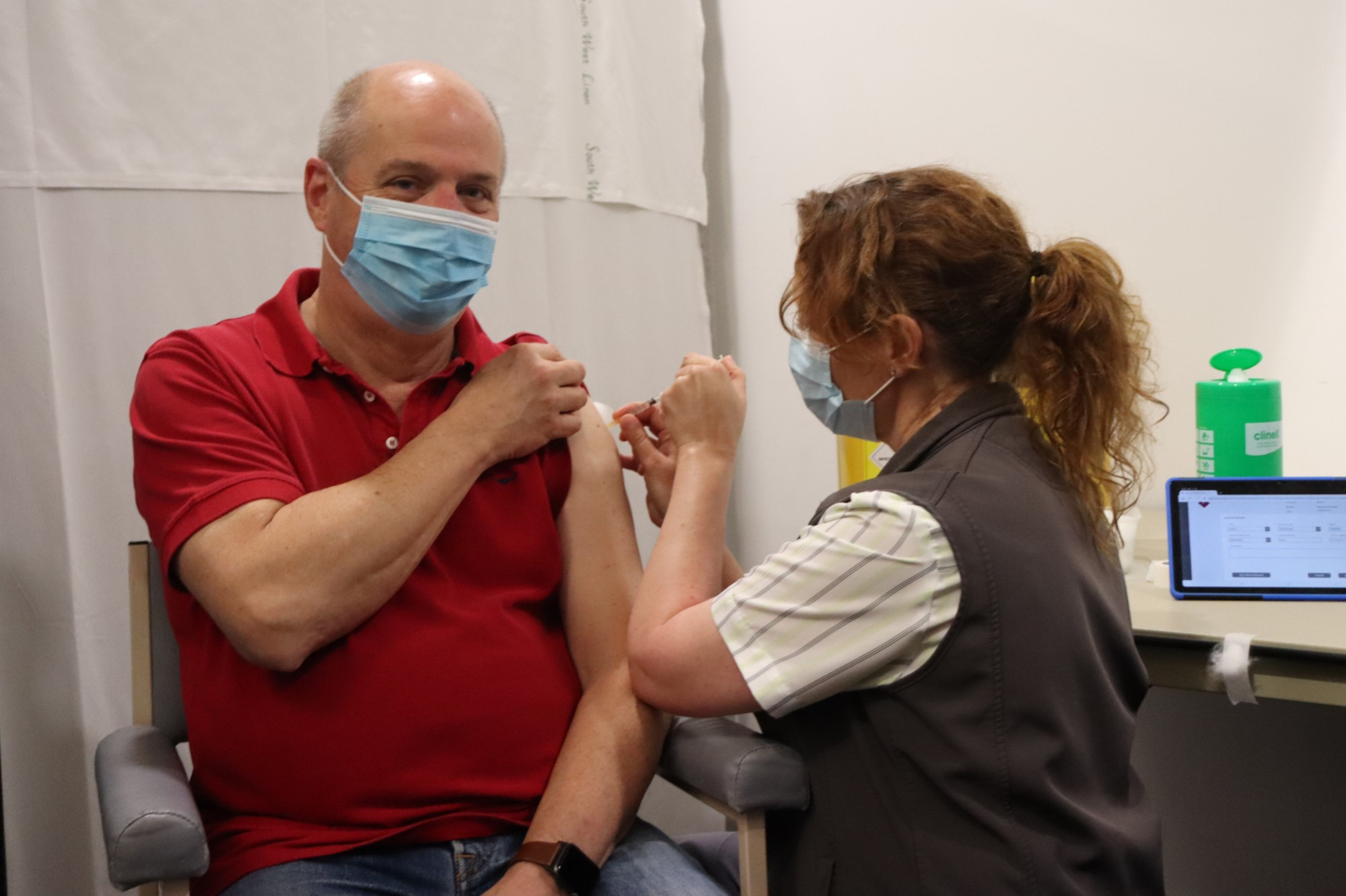 Vaccination: Camperdown’s Randy Walton receives his first dose of the COVID vaccination from acute nurse manager Tash Swayn.