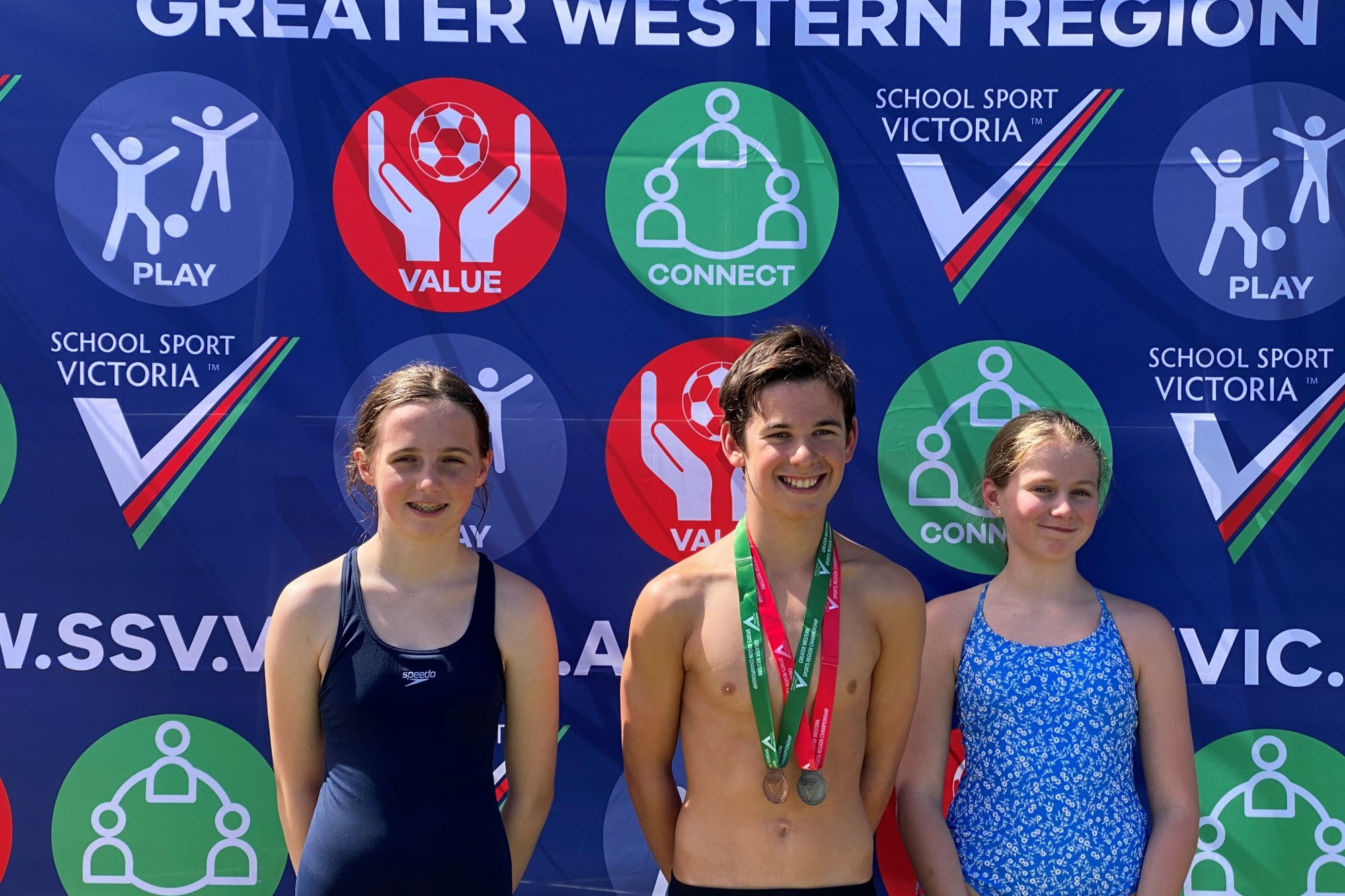 Derrinallum College’s (l-r) Lorelai Henderson, Jake Burleigh and Taylor Monahan took their swimming to a new level at the GWR finals in Horsham.