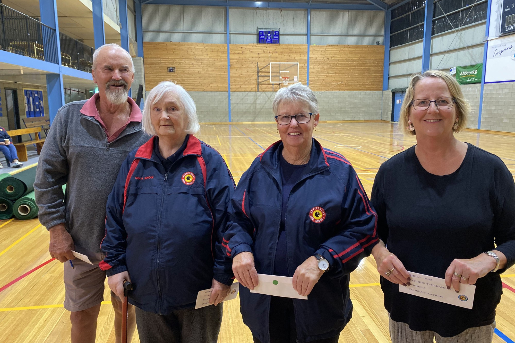 2022 HIBBA Opening Tournament winners (l-r): King Arthur Finch (s), Nola Duncan, Lyn Payne, Deb Cheslett.