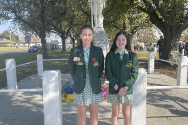 Derrinallum P-12 School captains Amy Prout and Audrey Ringe attended the Derrinallum Anzac Day service.