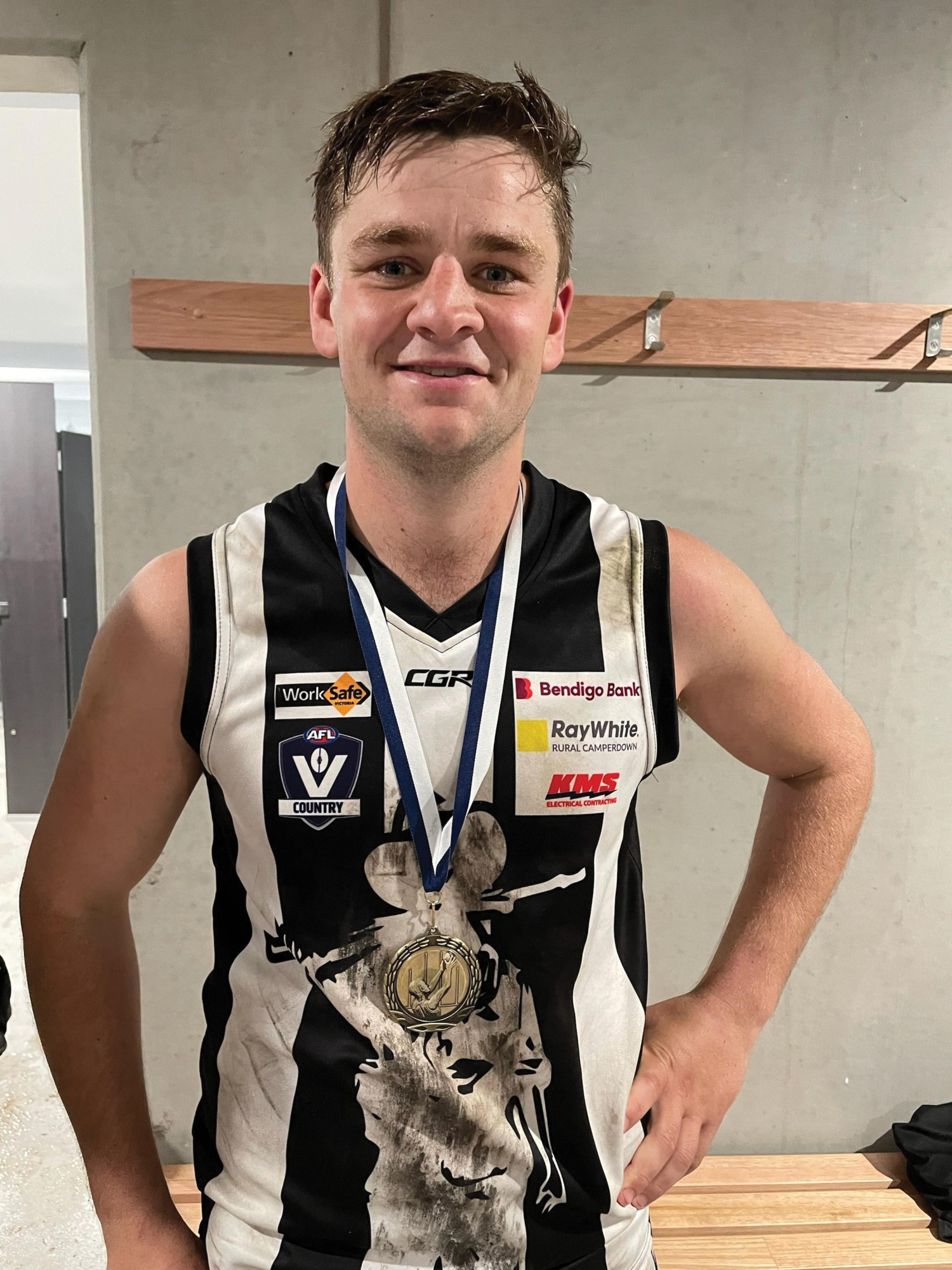 Charlie Lucas wearing the special 80th anniversary of Kokoda jumper was awarded best player on ground for Camperdown. Photo courtesy of Peter Conheady.