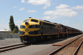 The Otway Explorer vintage train arrives at the Camperdown station. 