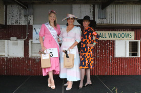 Women’s Fashion on the Field winner Renee McManus (left), runner-up Jess Rowbottom and host Victoria Armstrong.